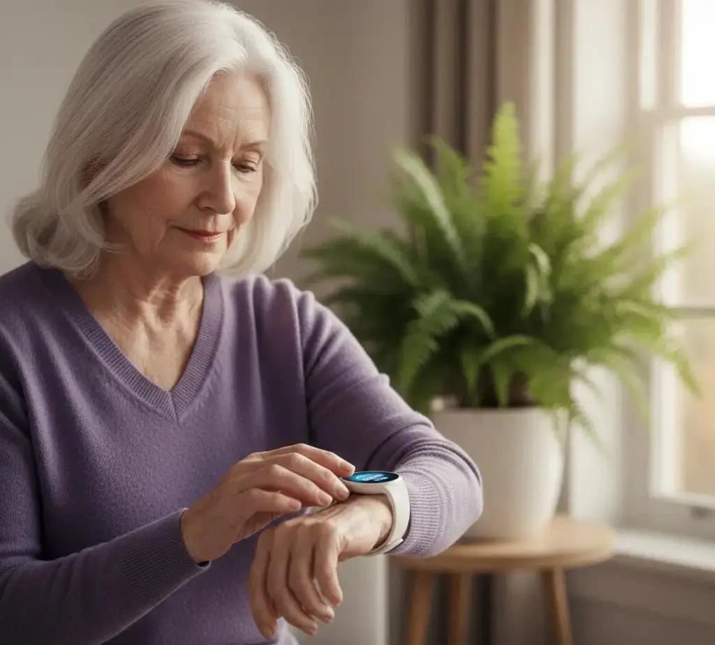 Femme senior utilisant une montre SOS discrète